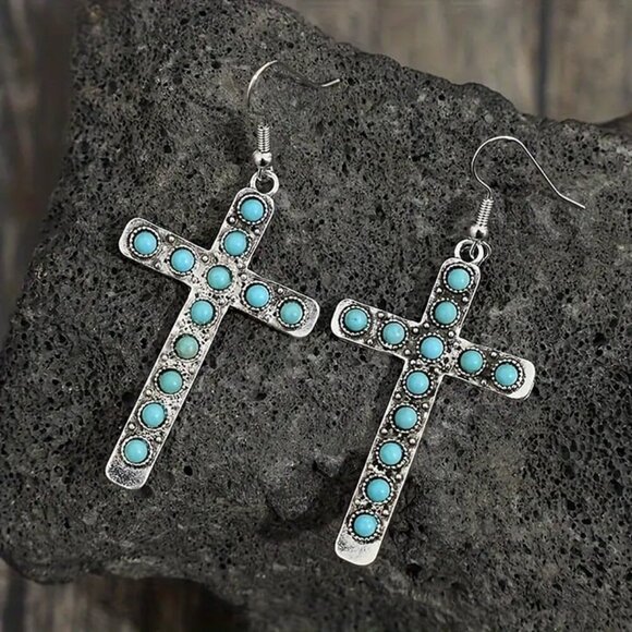 NEW BOHO turquoise cross dangle earrings, turquoise cross jewelry, vintage style - Picture 1 of 4